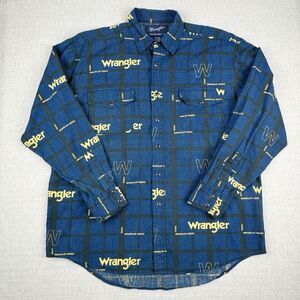 Vintage Wrangler Rodeo All Over Print Blue Western Cowboy Pearl Snap Shirt Large